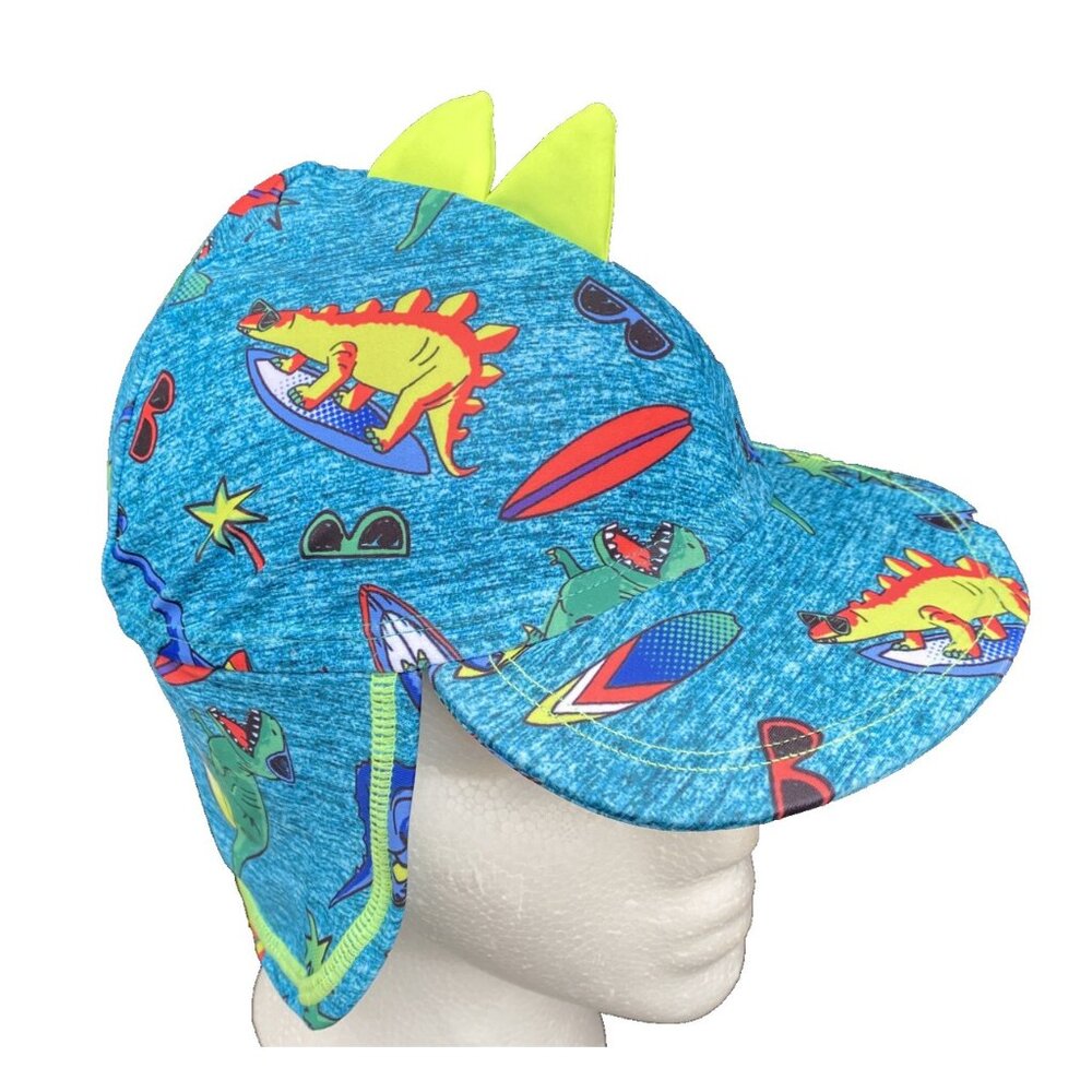 Toddler Child Swim Hat Sz 5 with Neck Flap Stretch Knit Dinosaur Halloween Surf